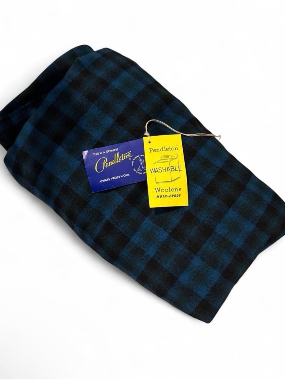VTG Pendleton Northwestern Plaid Virgin Wool Fabric Blue Blac Yardage NOS 109x59